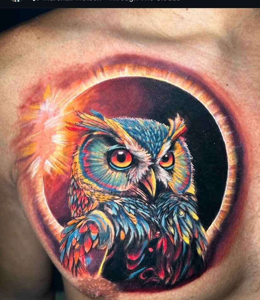 Vibrant owl tattoo with detailed color work